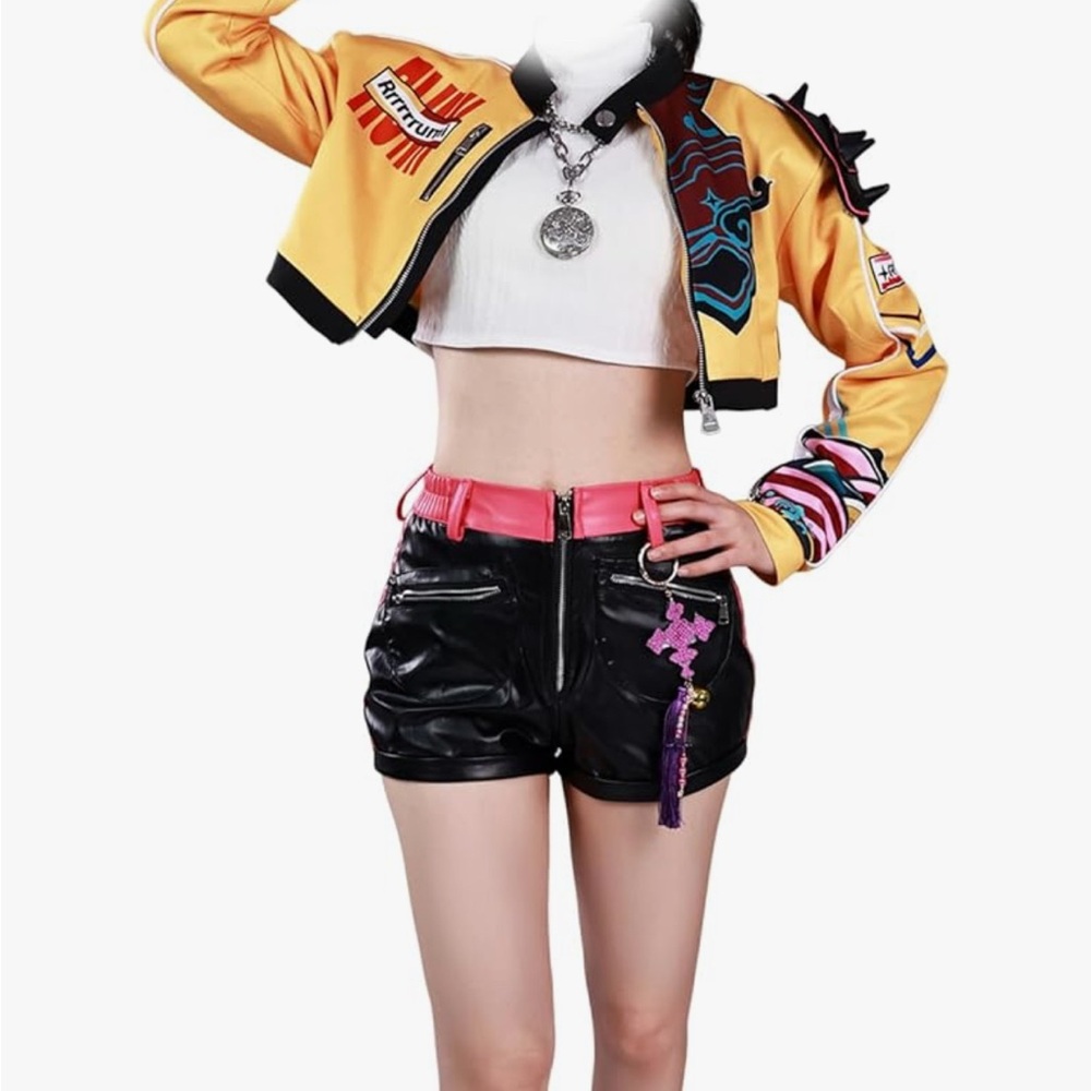 Yellow and Black Cropped Jacket, with Pink Accents, shorts, white tank, and neck